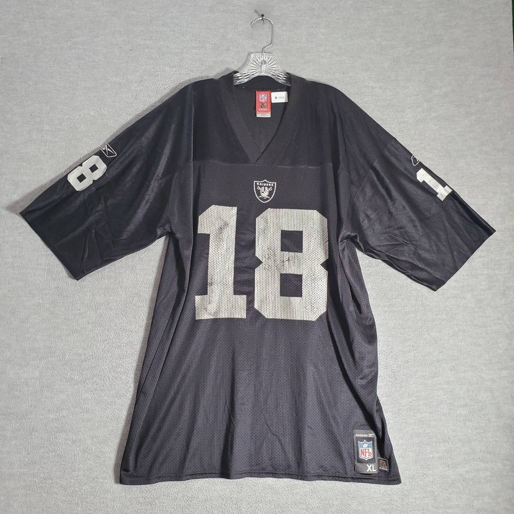 VINTAGE Oakland Raiders Men Jersey Large Black Reebok Logo Randy Moss‎ 18
